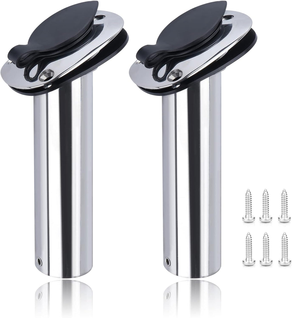 2-Pack Stainless Steel Flush-Mount Fishing Rod Holders, 15°/30°/90° with PVC Caps