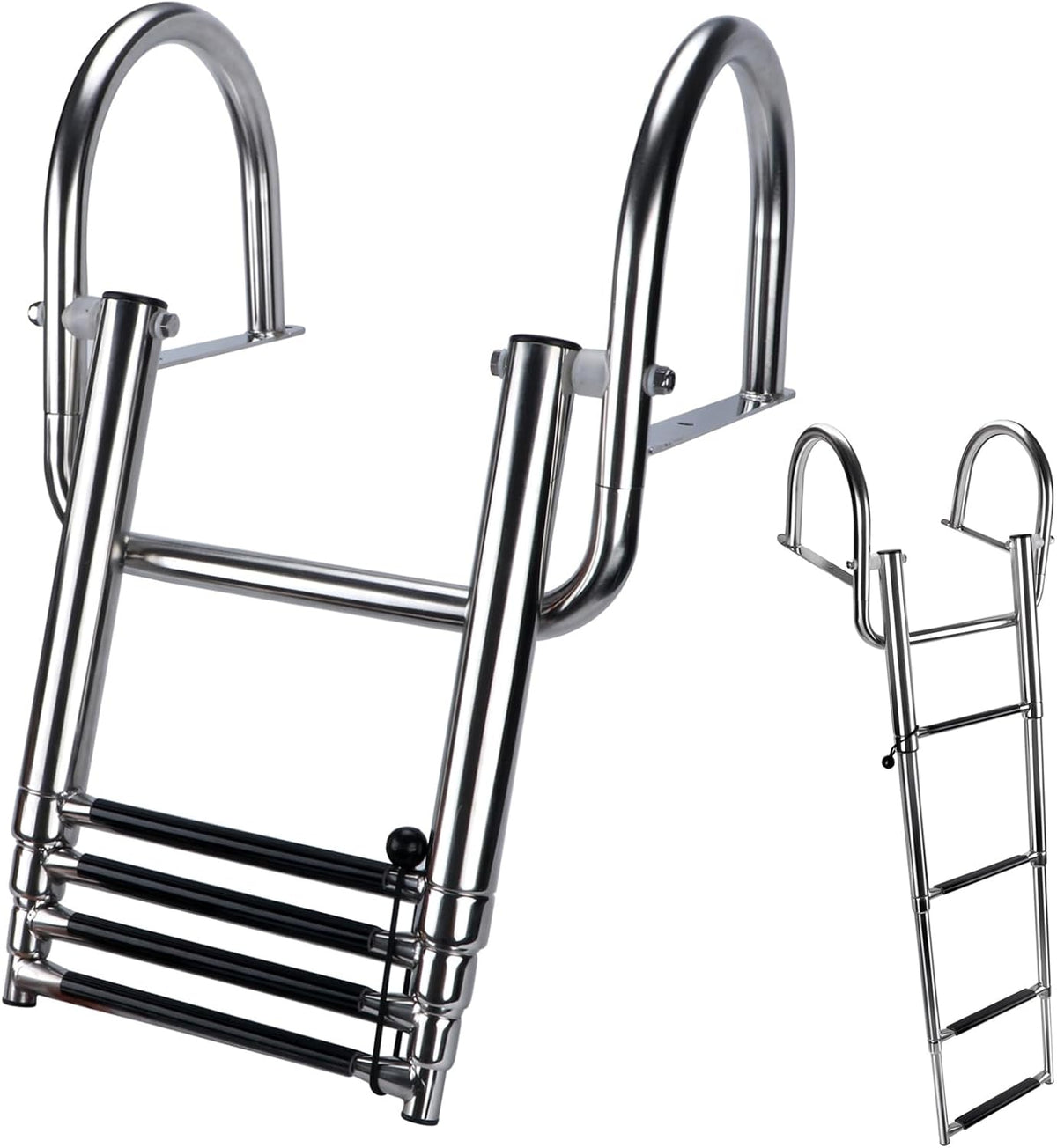 4 Step Pontoon Boat Ladder, Stainless Steel Telescoping Folding Boat Ladder Rear Entry Heavy Duty Custom Inboard with Pedal and Safe Handrails