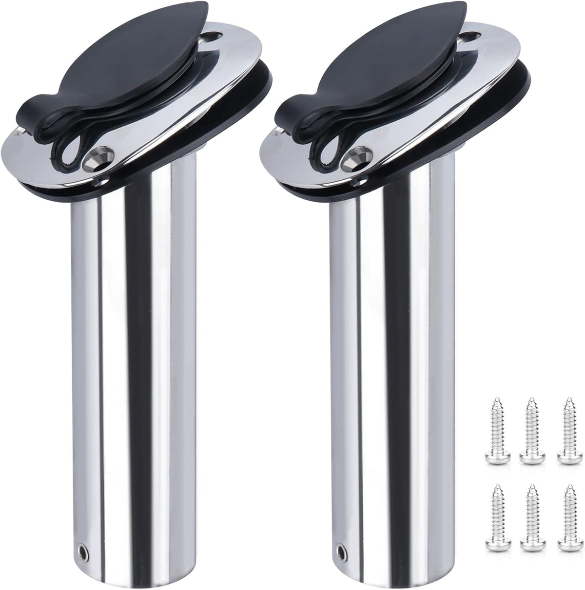 2-Pack Stainless Steel Flush-Mount Fishing Rod Holders, 15°/30°/90° with PVC Caps