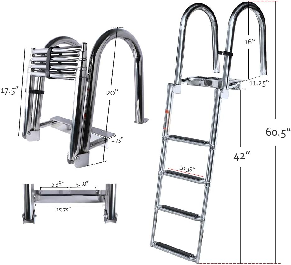 4-Step Stainless Steel Rear-Entry Pontoon Ladder with Pedal & Safety Handrails