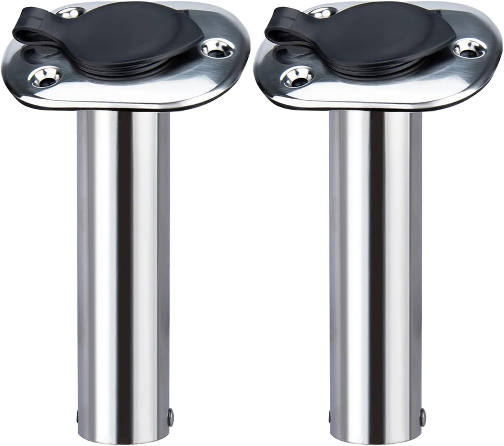 2-Pack Stainless Steel Flush-Mount Fishing Rod Holders, 15°/30°/90° with PVC Caps