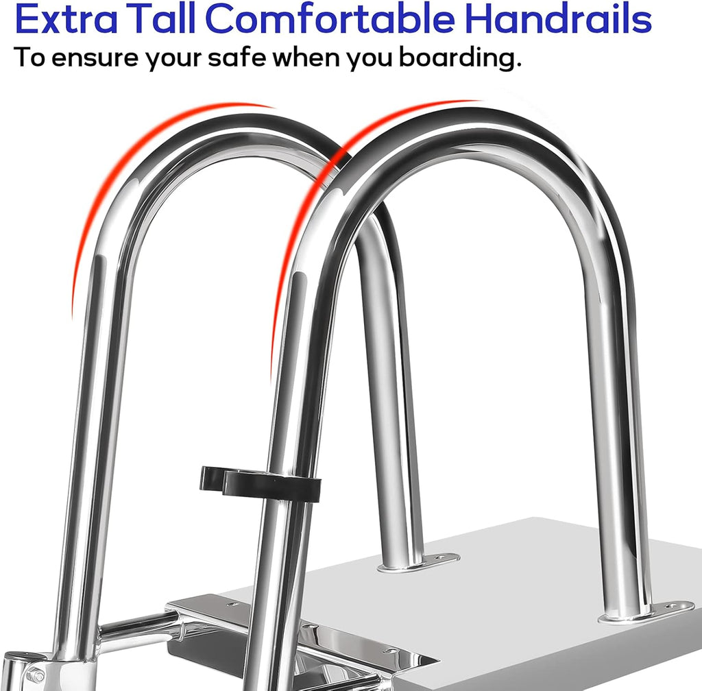 4-Step Stainless Steel Rear-Entry Pontoon Ladder with Pedal & Safety Handrails