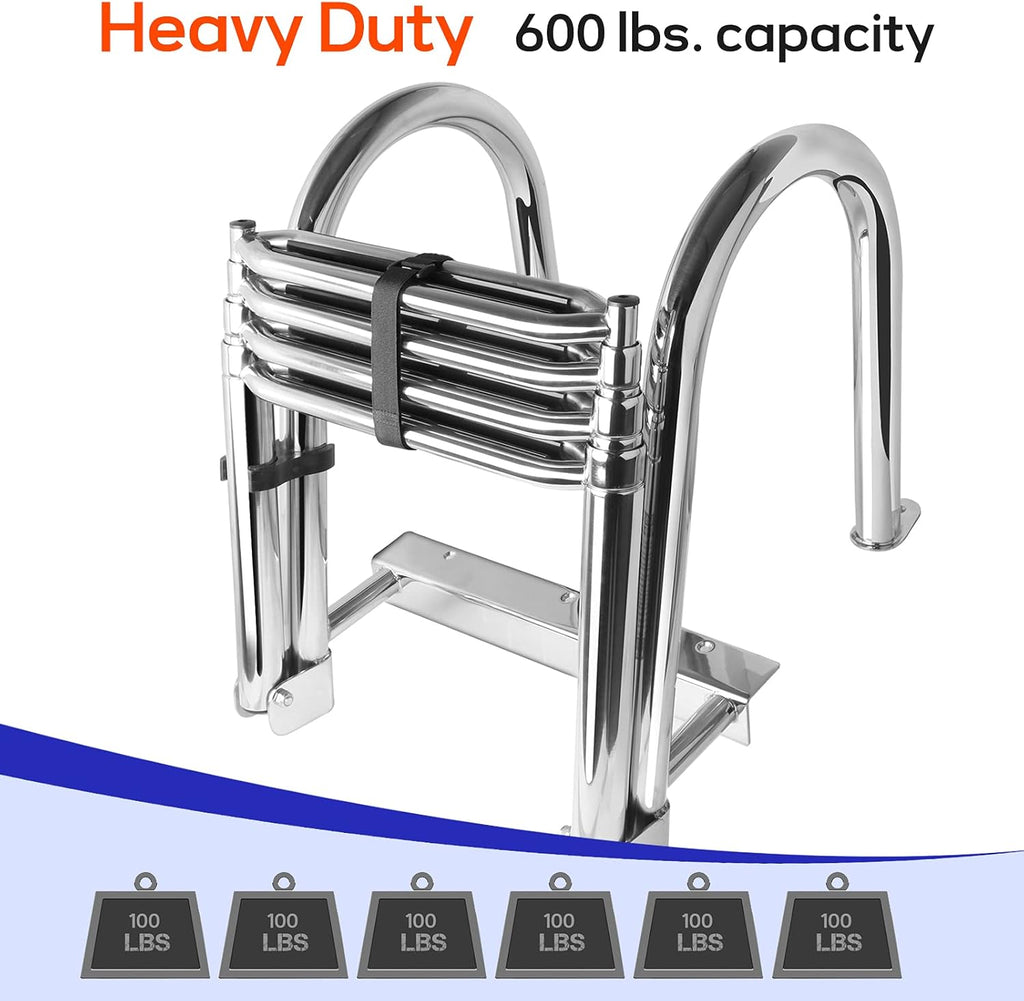 4-Step Stainless Steel Rear-Entry Pontoon Ladder with Pedal & Safety Handrails