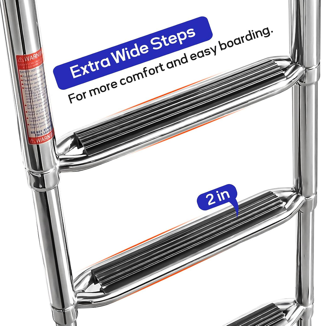 4-Step Stainless Steel Rear-Entry Pontoon Ladder with Pedal & Safety Handrails